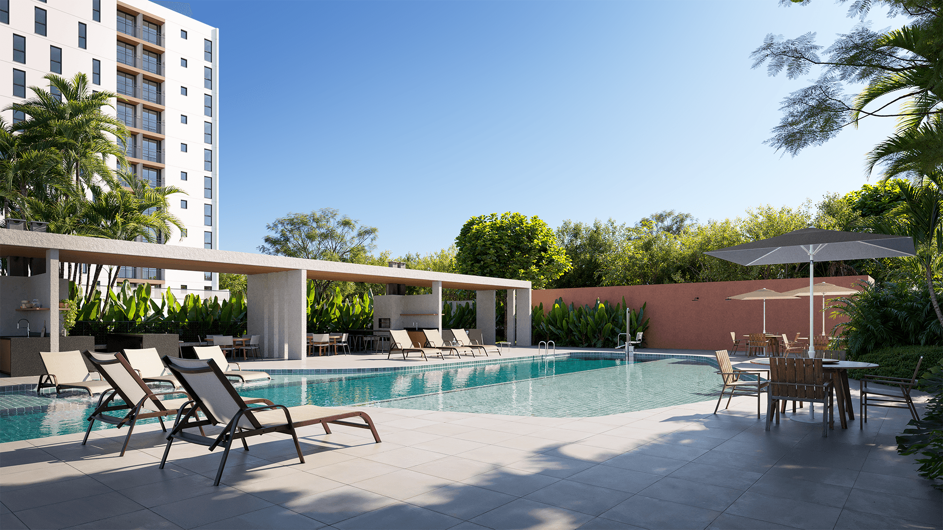 Espaço externo com fire pit iluminado do Viva Serenità