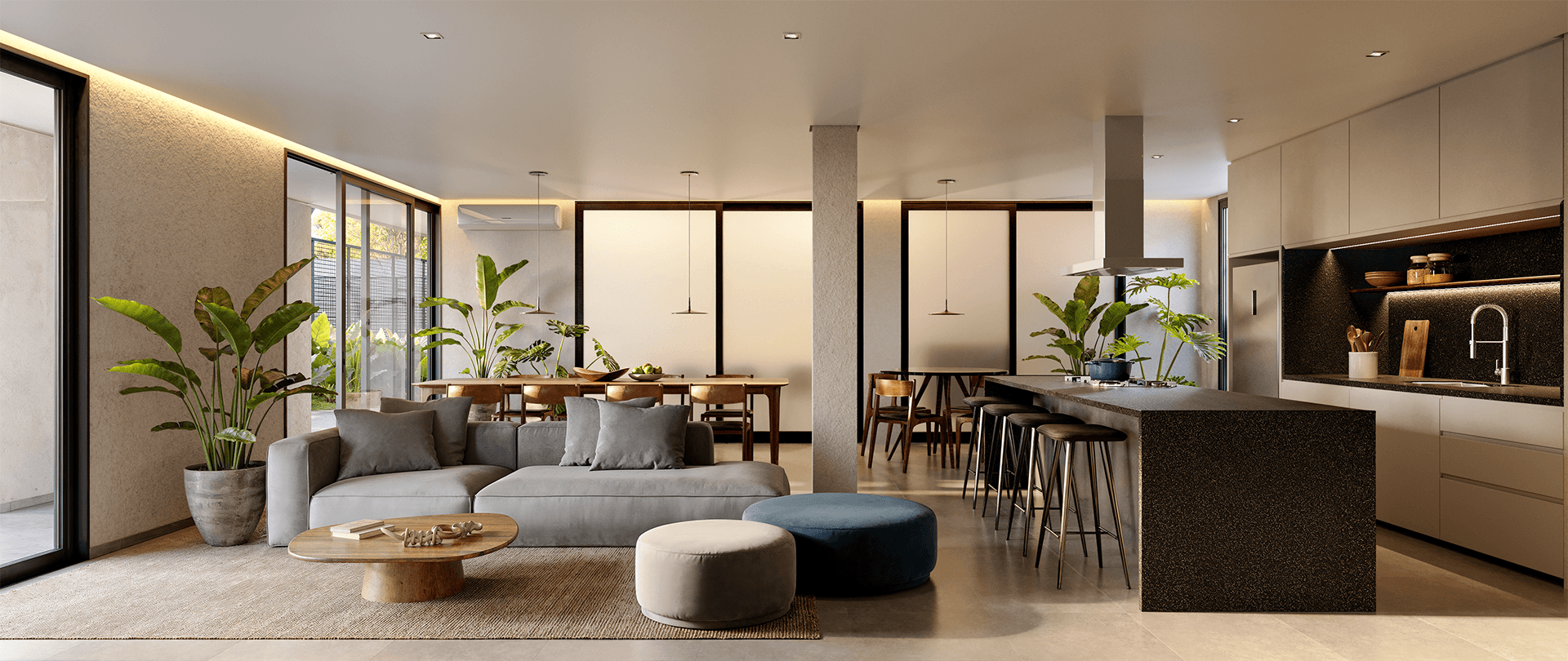 Varanda com churrasqueira integrada ao living do Viva Serenità