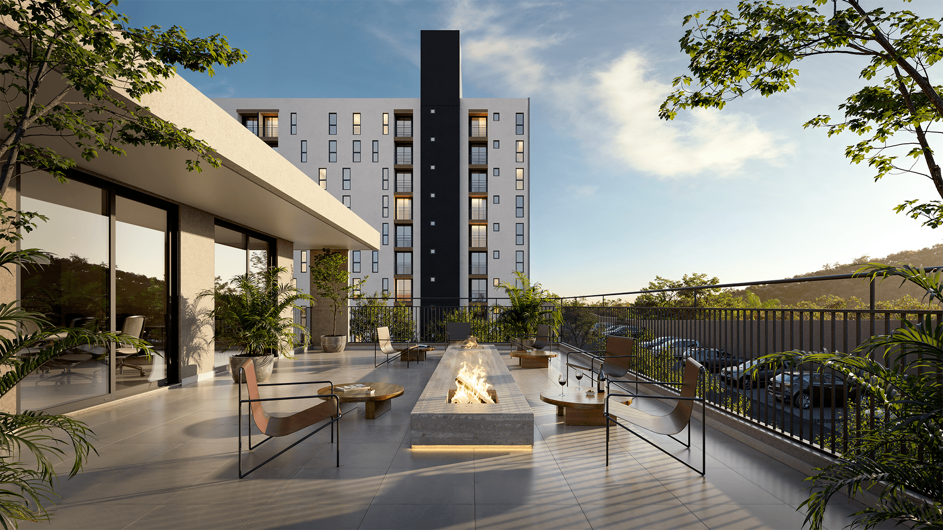 Fachada contemporânea iluminada do Viva Serenità