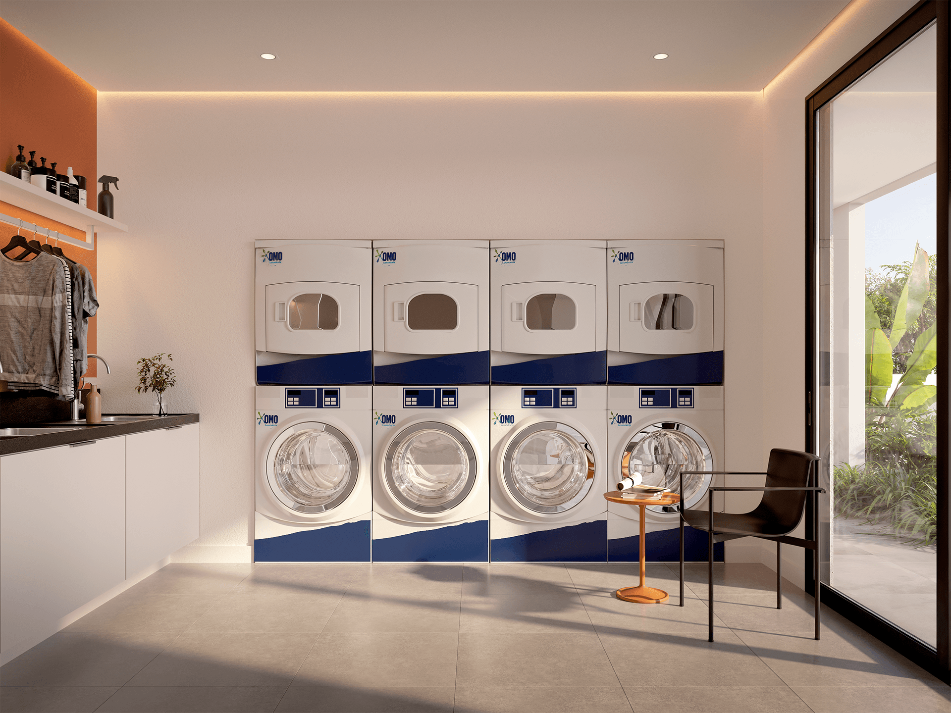 Espaço interno com mesas compartilhadas e iluminação natural